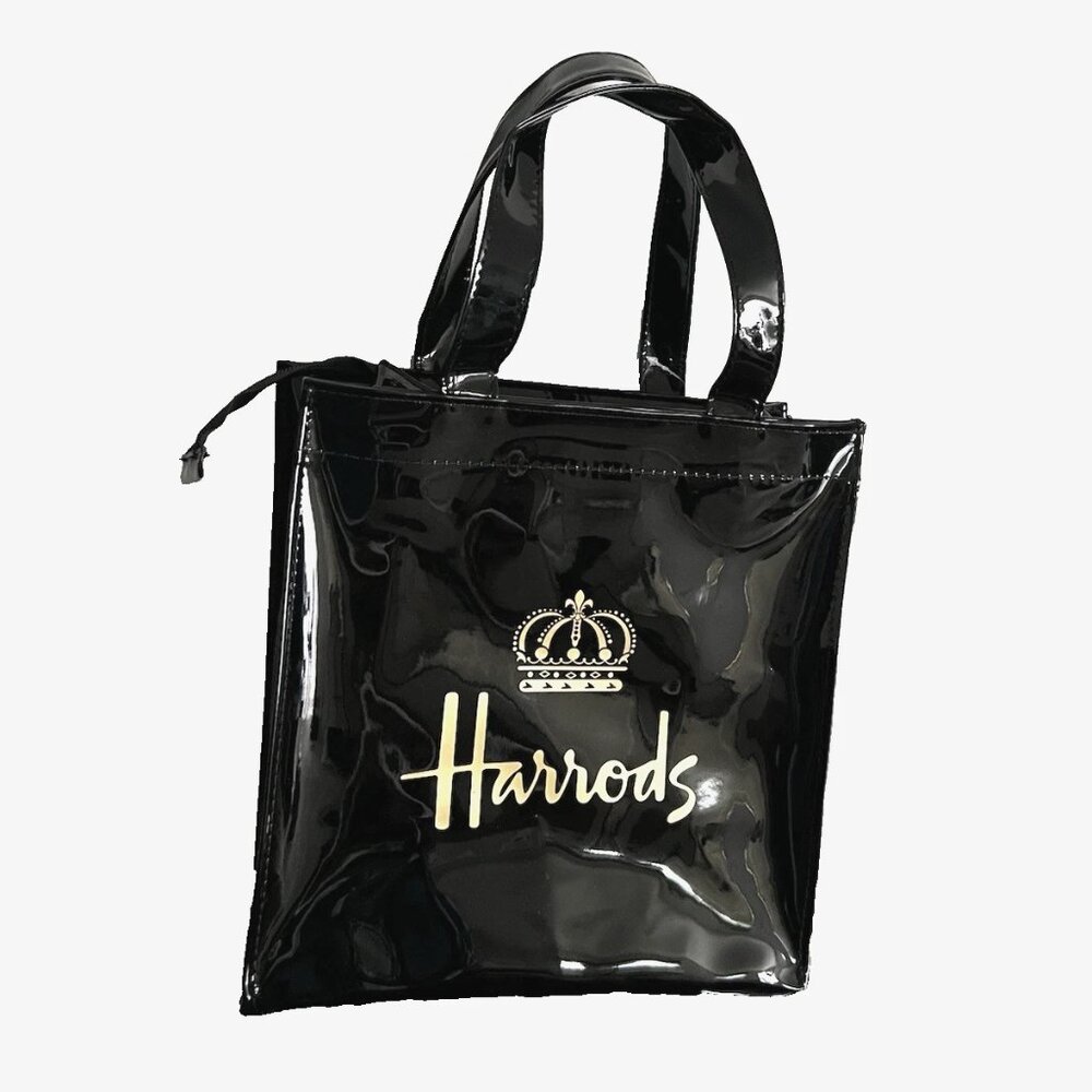 HARRODS LONDON PVC Shopping Tote Bag Glossy Black color Small BNWT